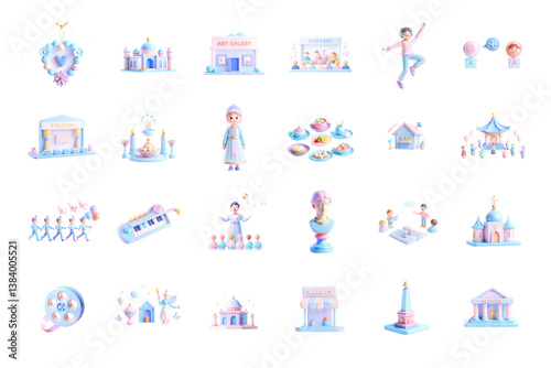 A vibrant 3D render showcasing various art gallery models and characters, designed with pastel colors and whimsical features, celebrating creativity.