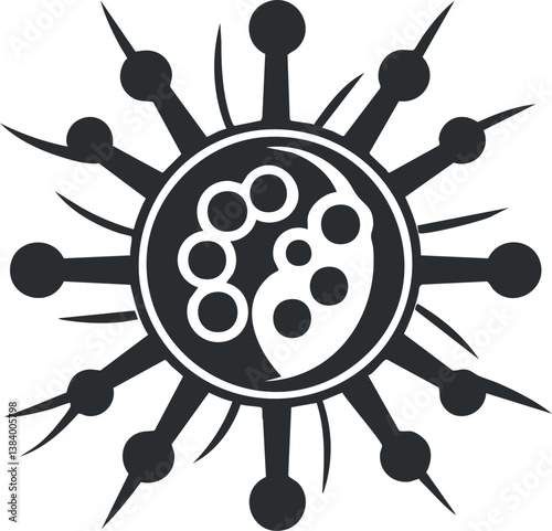 Abstract black and white circular design with spikes and dots, resembling a yin-yang symbol.