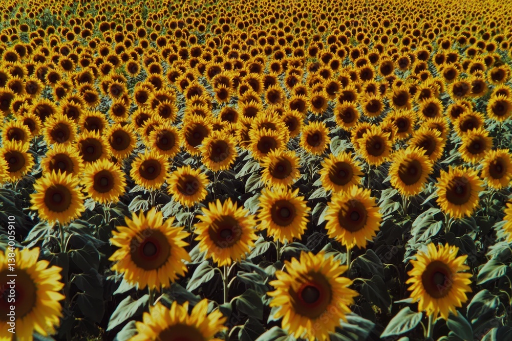 A vibrant sunflower field stretches across the frame, with countless blooms creating a sea of yellow under the bright sunlight, showcasing the beauty of rural agriculture. A vibrant sunflower field stretches across the frame, with countless blooms creating a sea of yellow under the bright sunlight, showcasing the beauty of rural agriculture.