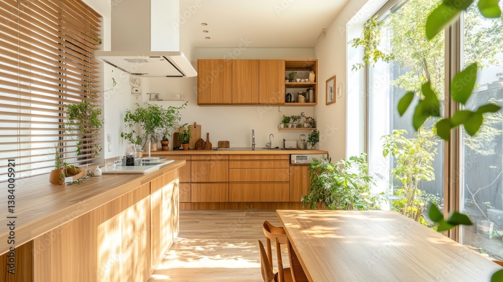 Fototapeta premium Sunlit modern kitchen with wooden cabinetry, plants, and dining area