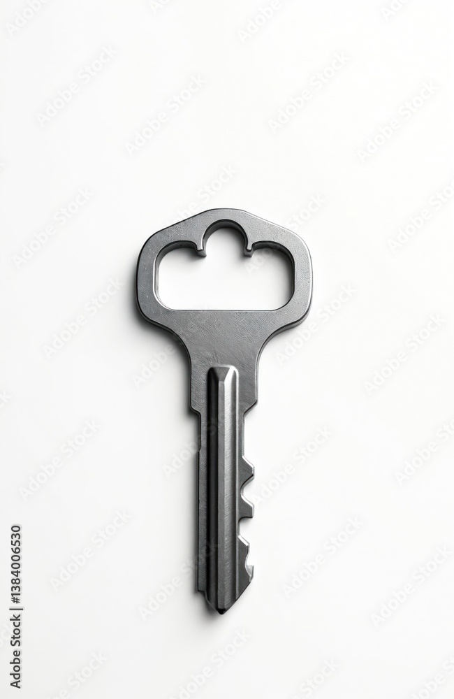 Single modern steel key on white background. Silver metal key for home, business security, safe access, protection, house entrance. Safe, secure access, property concept. Single modern steel key on white background. Silver metal key for home, business security, safe access, protection, house entrance. Safe, secure access, property concept.