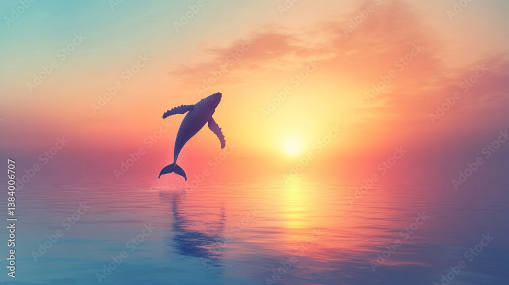 Fototapeta premium A humpback whale gracefully leaps out of the sea, hovering in mid-air, symbolizing freedom, strength, and the beauty of nature’s power in a modern, awe-inspiring moment.