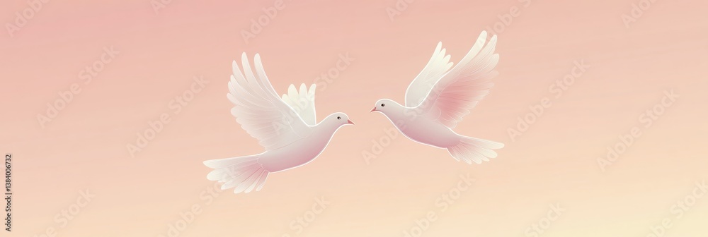 Fototapeta premium Doves fly together in harmony with elegant lines against a soft pastel sky background, conveying peace and love in a tranquil atmosphere