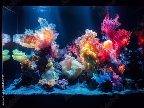 Holographic display showing bioluminescence evolution deep sea species morphing under various colors represent adaptive changes under pressure a dark environment highlighted in ambient light tones