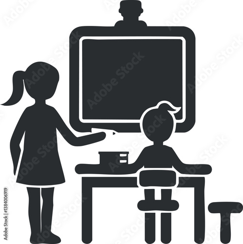 Silhouette illustration of a teacher instructing a student in front of a blackboard in a classroom.