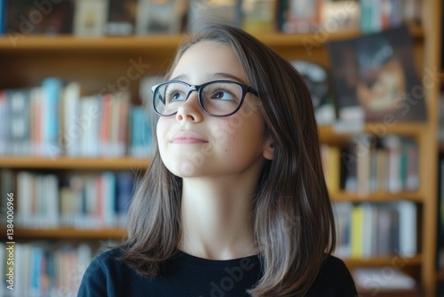A young woman in a library, gazing at books with a contemplative expression.