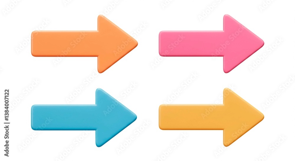 Collection of colorful arrow illustrations pointing to the right isolated against a crisp white background. Simple directional icons. Collection of colorful arrow illustrations pointing to the right isolated against a crisp white background. Simple directional icons.