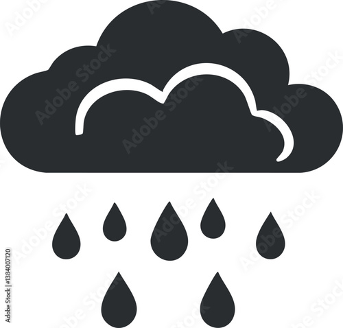Simple black and white icon of a rain cloud with raindrops, representing rainy weather.