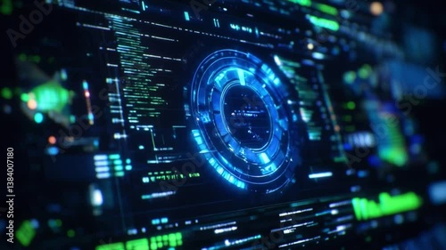 Motion graphics background with digital screen with blue holographic HUD and animated interface turning in virtual space