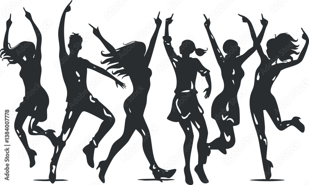 Silhouettes of energetic people dancing joyfully, expressing movement and celebration. Silhouettes of energetic people dancing joyfully, expressing movement and celebration.