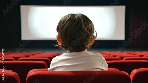 Child choosing a seat amid red cushions in a lively cinema matinee