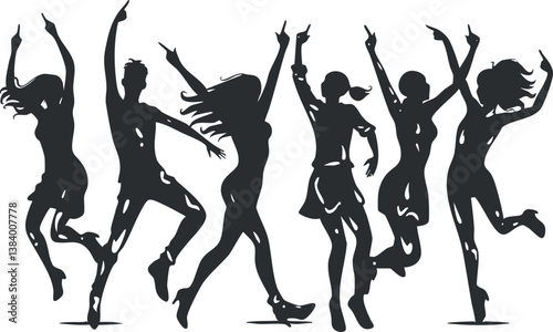 Silhouettes of energetic people dancing joyfully, expressing movement and celebration.