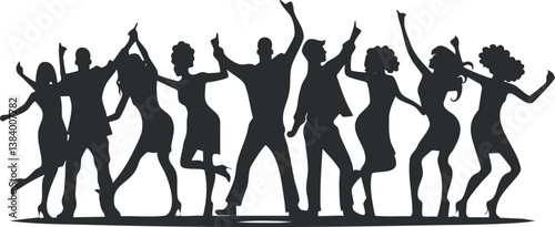 Silhouettes of a group of people dancing energetically, showcasing joy and celebration.