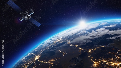 Exploring illuminated Earth from space with a satellite capturing breathtaking views