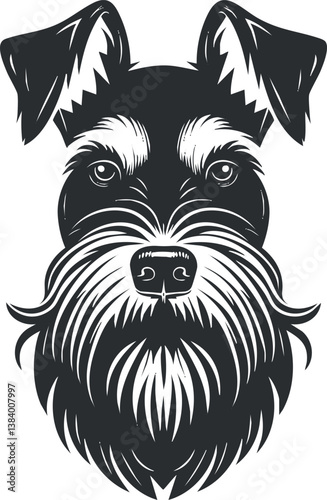 Monochrome illustration of a schnauzer dog's face with detailed beard and ears.