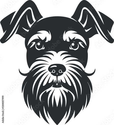 Black and white illustration of a schnauzer dog with prominent beard and expressive eyes.