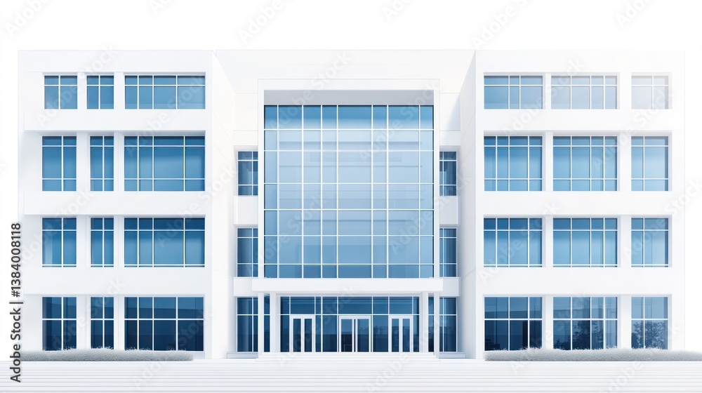 Modern white office building exterior; glass facade; entrance; isolated background; architectural design Modern white office building exterior; glass facade; entrance; isolated background; architectural design