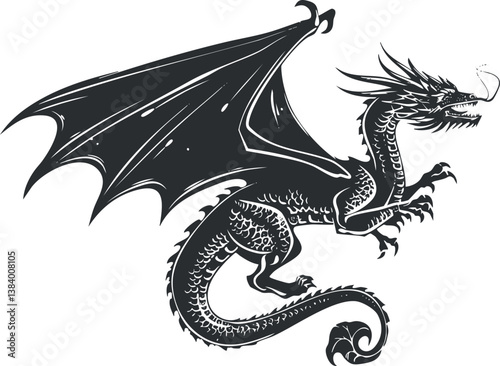 Black and white illustration of a mythical dragon with wings and fierce expression.