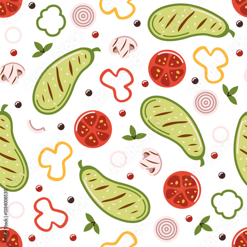 Vector seamless seasonal pattern with zucchini, mushrooms and tomatoes on the grill. Bbq party