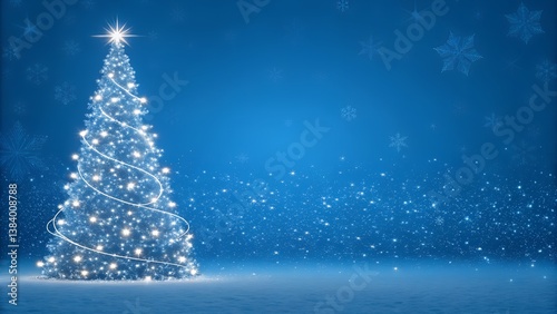 A blue background with a glowing Christmas tree, star, and swirls of light particles on the right side of it The Christmas tree is made from sparkling white lights space for text, 
