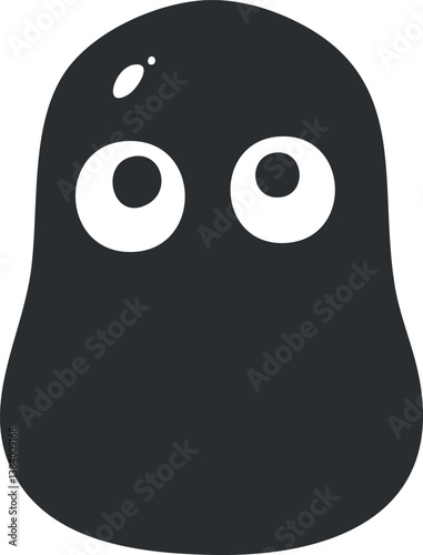 Cute black and white cartoon blob character with large eyes and minimalist design.