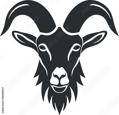 Black and white silhouette of a goat head with prominent horns and distinctive features.