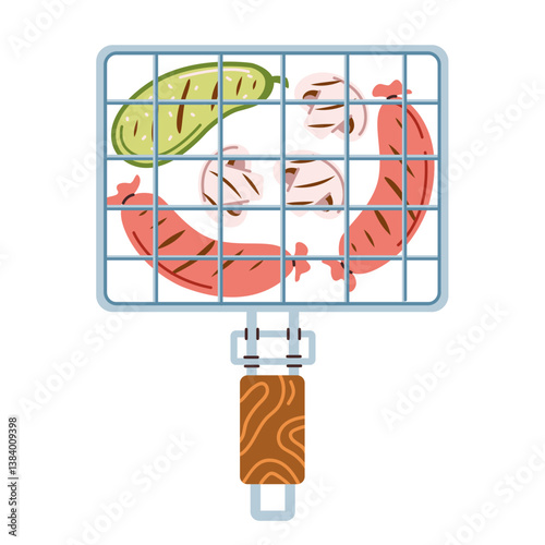 Metal barbecue grill with sausages, zucchini and grilled mushrooms. BBQ party. Vector flat illustration isolated on a white background