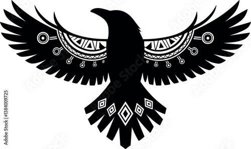 White background with ink blots and abstract black brushed raven symbol. Old norse viking mythology wallpaper with rune symbols