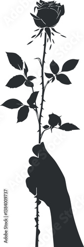 Silhouette of a hand holding a rose with thorns and leaves in black and white.
