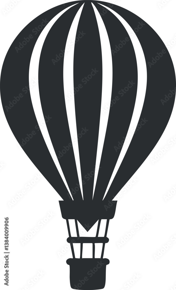 Naklejka premium Silhouette of a hot air balloon icon in black and white, representing travel and adventure.