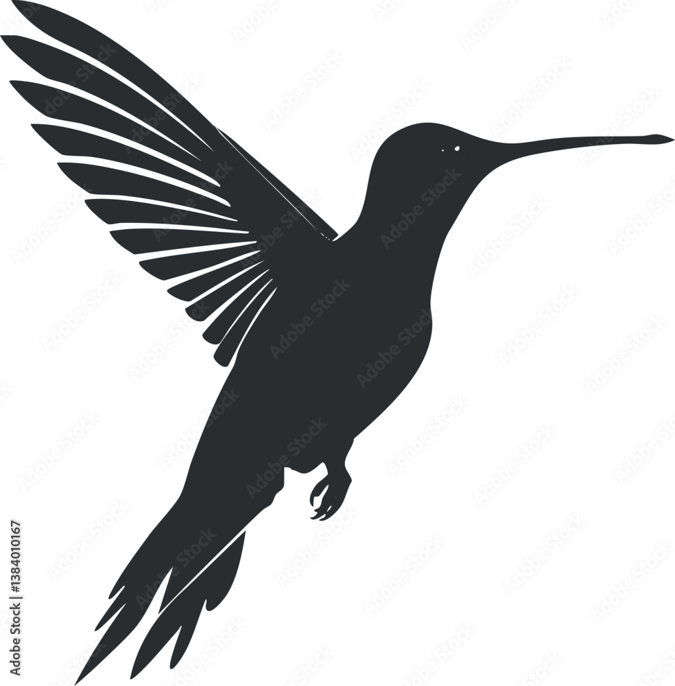 Fototapeta premium Silhouette of a hummingbird in flight, showcasing its wings and sleek body.