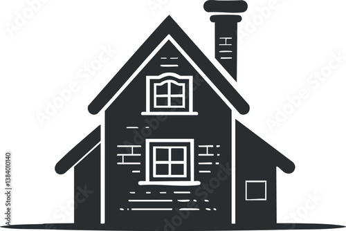 Monochrome silhouette of a house with chimney and windows, ideal for real estate or architecture.