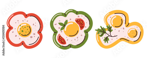 Fried fried eggs in sweet pepper. Vector set of egg breakfasts. A design element for decorating menus, cookbooks, or baby food recipes