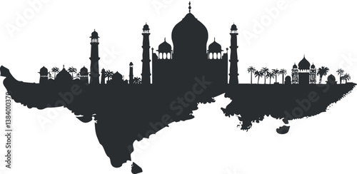 Silhouette illustration of India's iconic Taj Mahal with additional cultural landmarks on a map outline.