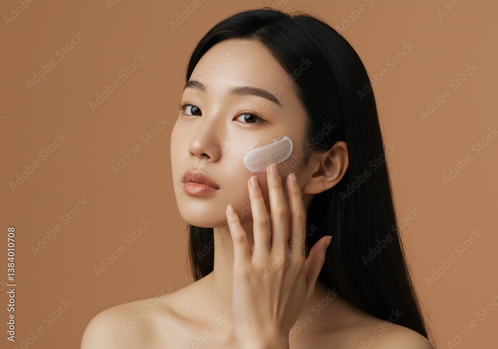 Asian woman applying beauty cream for skin care at studio on brown background to hydrate dry face. Cosmetology treatment for rejuvenation and healthy glow.