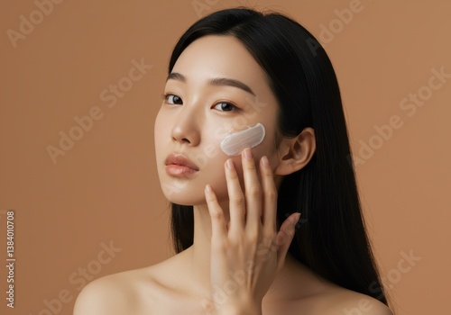 Obraz na płótnie Asian woman applying beauty cream for skin care at studio on brown background to hydrate dry face. Cosmetology treatment for rejuvenation and healthy glow. w salonie