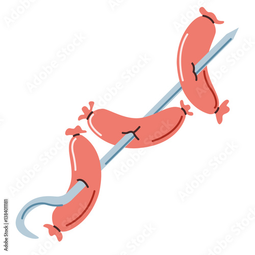 Grilled sausages on a skewer. Street food. Bbq party. Vector flat illustration isolated on a white background