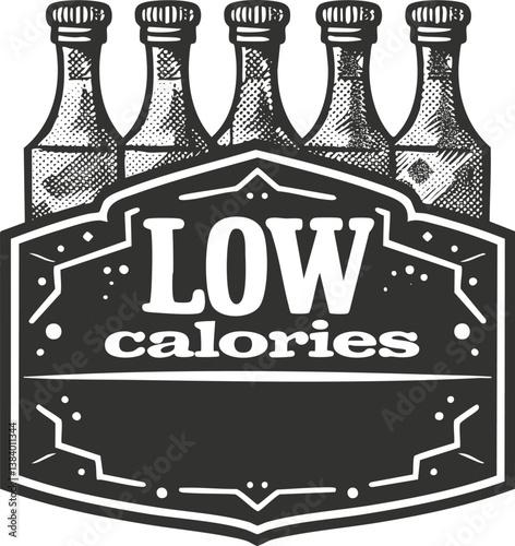 Vintage-style label design featuring low calories message with bottles in the background.