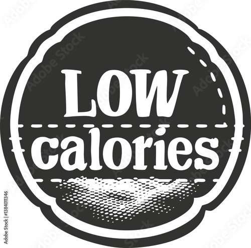 Monochrome label design featuring 'Low Calories' text for health and diet-related products.