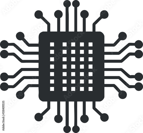 Black and white microchip icon representing technology and electronic circuits in a digital design.