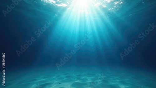 Deep blue underwater rays of sunlight burst through the ocean