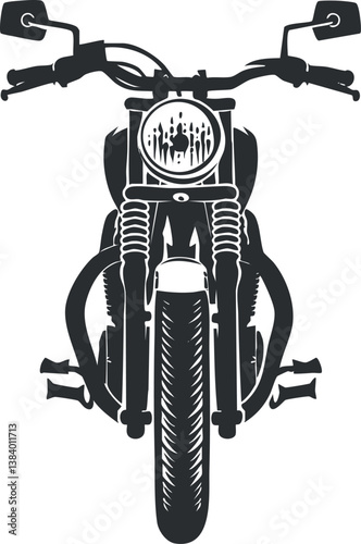 Black and white silhouette of a vintage motorcycle from the front view with detailed features.