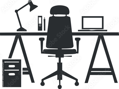 Black and white illustration of a modern office workspace with desk, chair, and accessories.