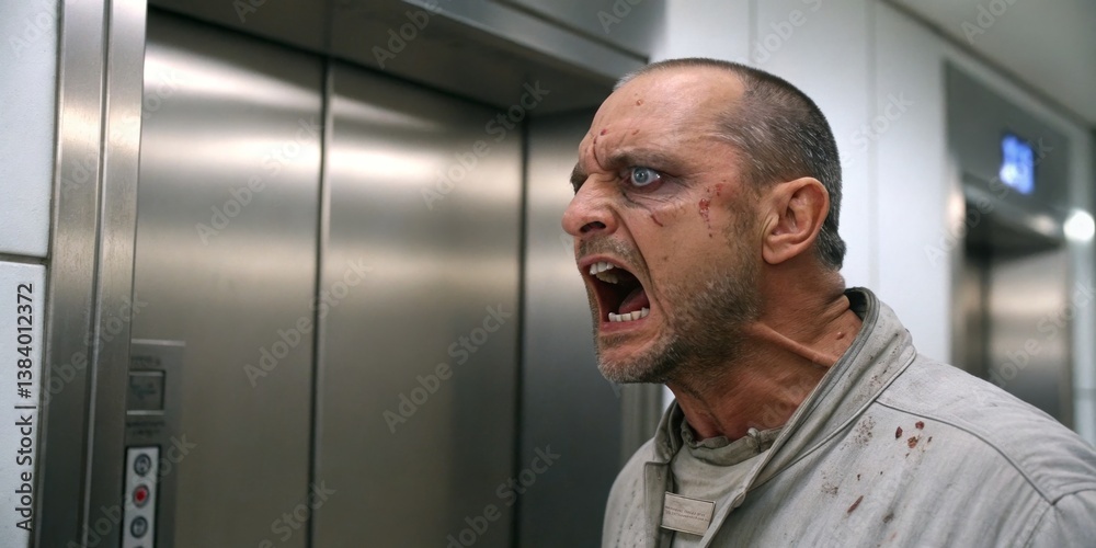 Man in a grim expression shouts intensely in a modern elevator corridor during a tense moment
