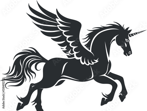 Black silhouette of a mythical winged unicorn, combining elements of fantasy and imagination.