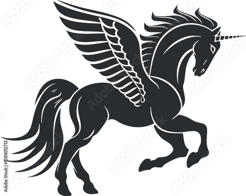 Silhouette of a winged unicorn with a horn, symbolizing fantasy and mythical creatures.