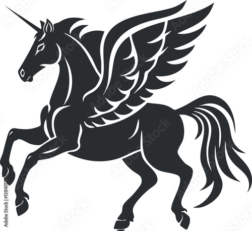 Black silhouette of a mythical winged unicorn, combining features of a unicorn and pegasus.