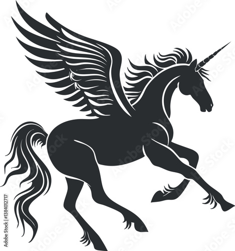 Black and white silhouette of a unicorn with a horn, representing fantasy and mythical themes.