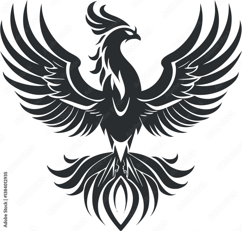 Silhouette of a mythical phoenix bird with outstretched wings symbolizing rebirth and power. Silhouette of a mythical phoenix bird with outstretched wings symbolizing rebirth and power.