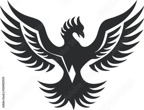 Black silhouette of a mythical phoenix bird with outstretched wings, symbolizing rebirth and power.